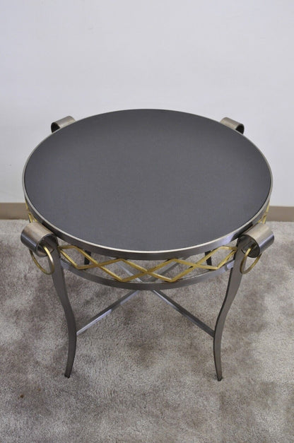 Neoclassical Maison Jansen Style Steel Black Marble Round Bouillotte Side Table