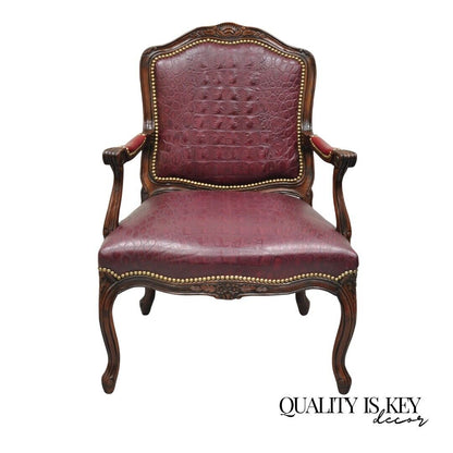 French Country Louis XV Style Burgundy Leather Faux Reptile Cowhide Armchair