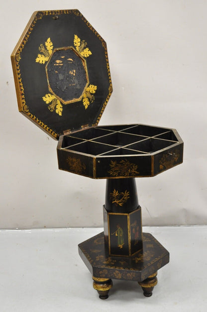 Antique Chinoiserie Gold Gilt Hand Painted Pedestal Base Sewing Box Stand Table