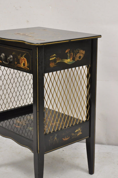 Katherine Henick Chinoiserie Chinese Black Hand Painted Nightstands - a Pair