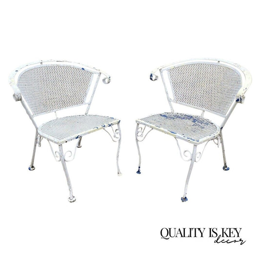 Vtg Wrought Iron Woodard Salterini Style Mid Century Outdoor Patio Chairs - Pair