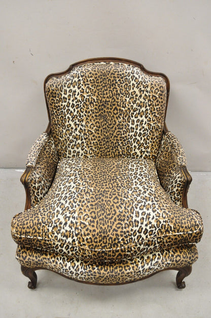 French Country Louis XV Style Cheetah Upholstered Bergere Club Lounge Chair
