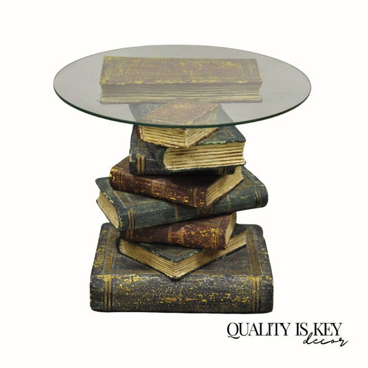 Vintage Figural Faux Book Form Stacked Round Glass Top Side Table