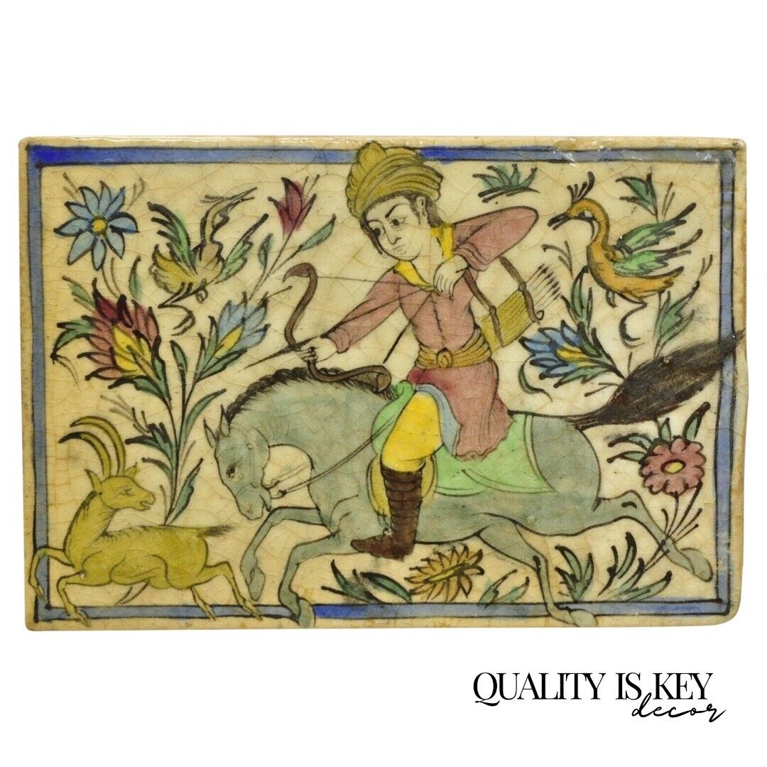Antique Persian Iznik Qajar Style Ceramic Pottery Tile Horse Rider Hunt Scene C2