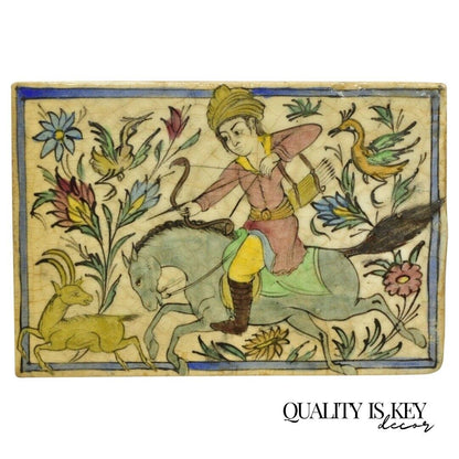 Antique Persian Iznik Qajar Style Ceramic Pottery Tile Horse Rider Hunt Scene C2