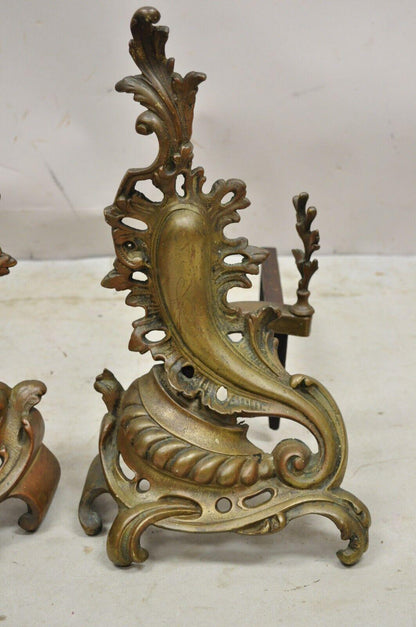 Antique French Rococo Baroque Style Brass Leafy Acanthus Andirons - a Pair