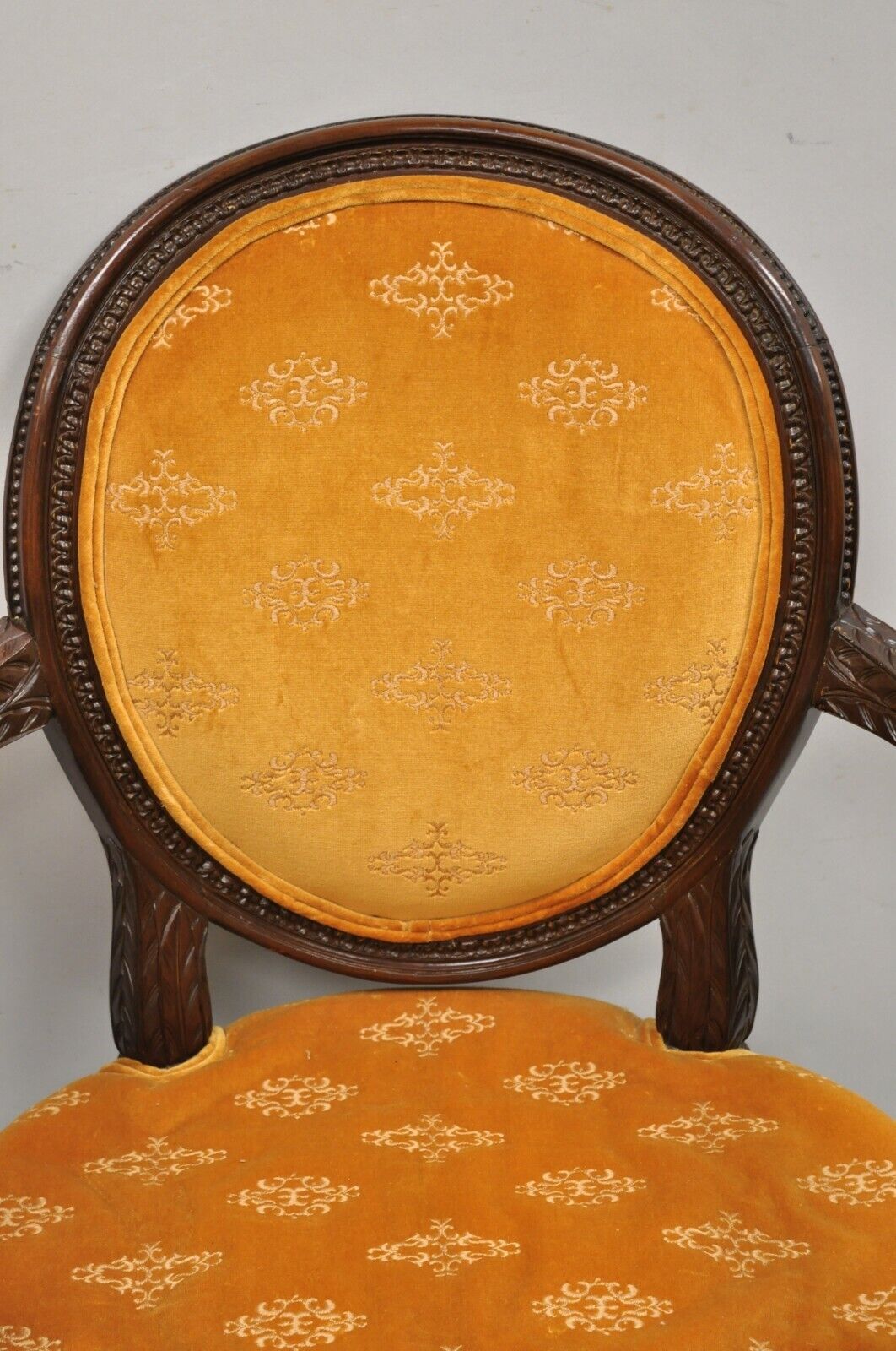 French Louis XVI Style Upholstered Oval Back Dining Arm Chairs - a Pair