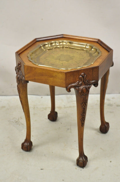 Vtg Georgian Style Carved Ball and Claw Small Side Table Brass Seiden Tray Top