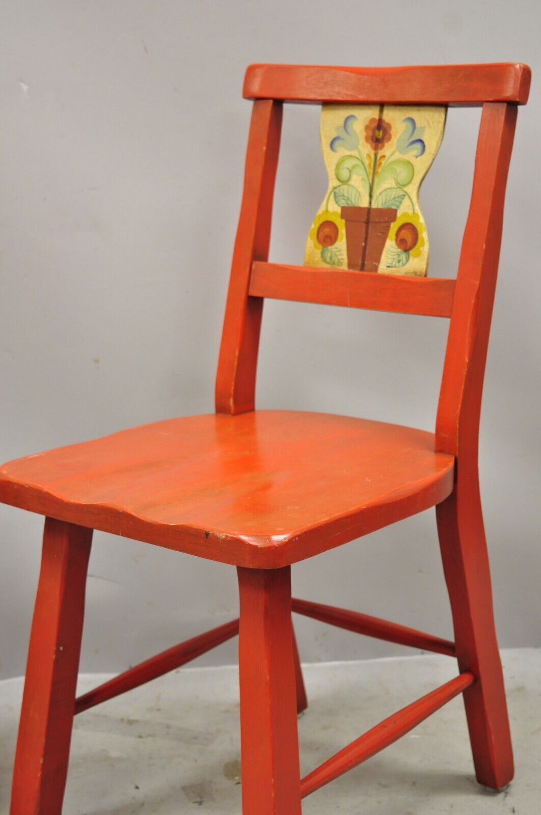 Vintage Gimble's Red Painted Colonial Hand Painted Flower Side Chairs - a Pair