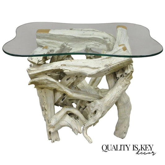 Vintage Mid Century Modern White Driftwood Base Glass Top Side End Table