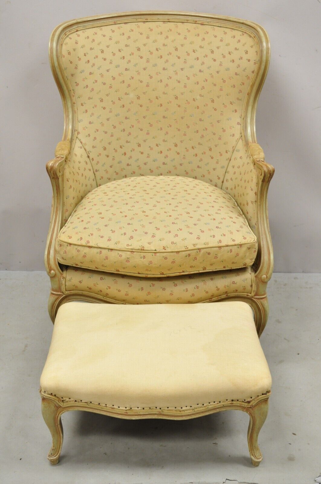 French Provincial Louis XV Style Green Finish Wingback Lounge Chair & Ottoman