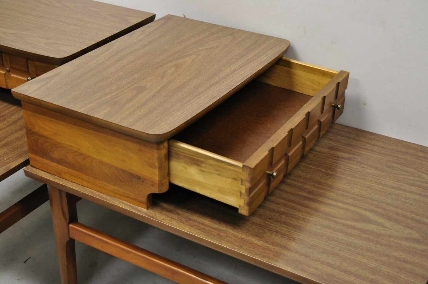 Mersman Mid Century Modern Walnut and Laminate Step Side End Tables - a Pair