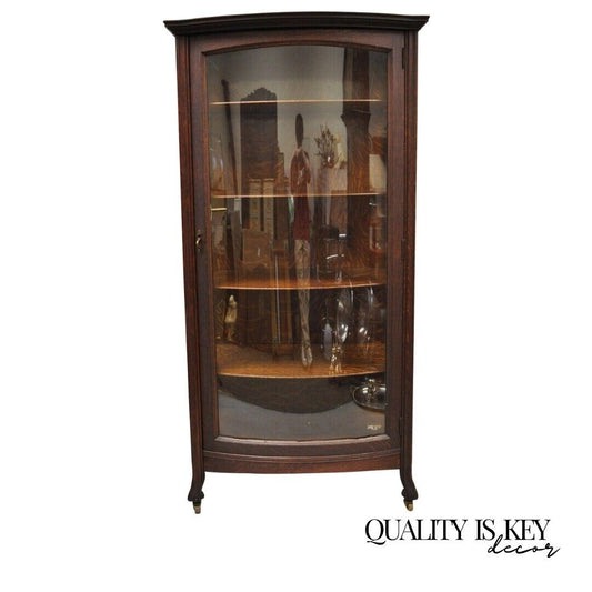 Antique Mission Oak Arts & Crafts Bowed Front China Display Cabinet Curio