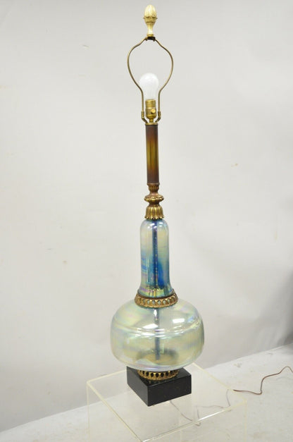 Vintage Mid Century Modern Italian Iridescent Blue Art Glass Tall Table Lamp