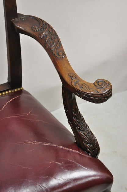 Antique Carved Mahogany Chippendale Style Ball and Claw Leather Arm Chair