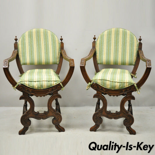 Antique Italian Renaissance Carved Walnut Savonarola Throne Arm Chairs - a Pair