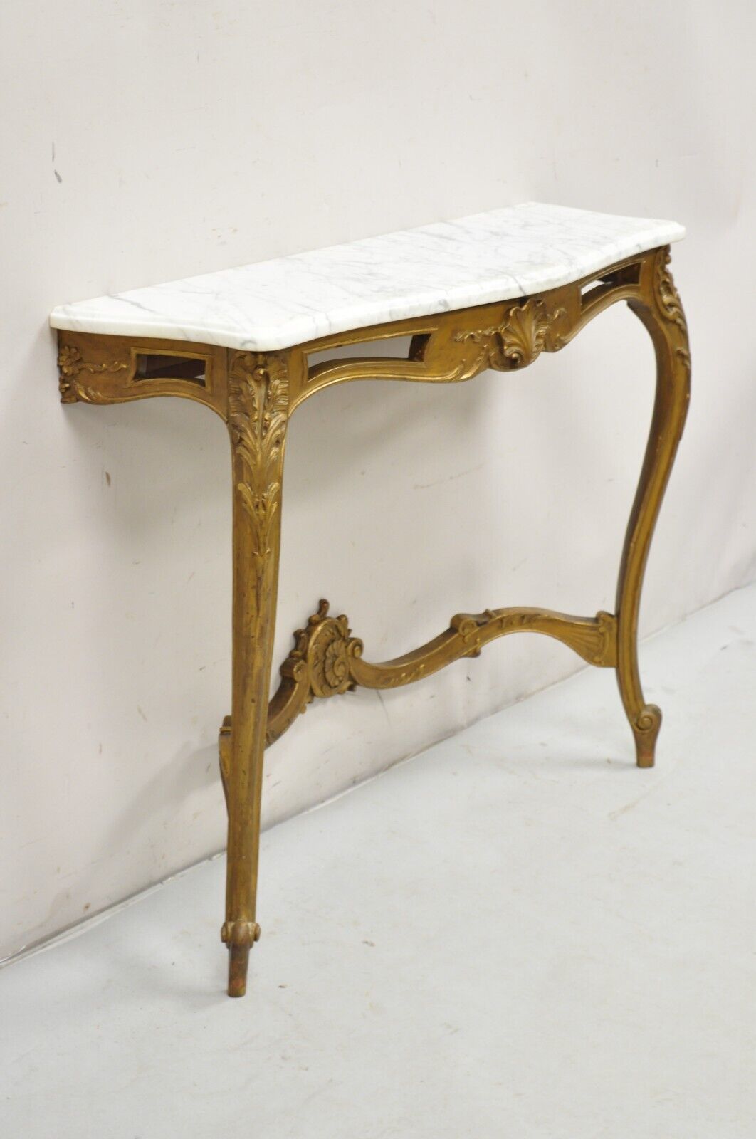 Vintage French Louis XV Style Marble Top Gold Wall Mounted Console Table