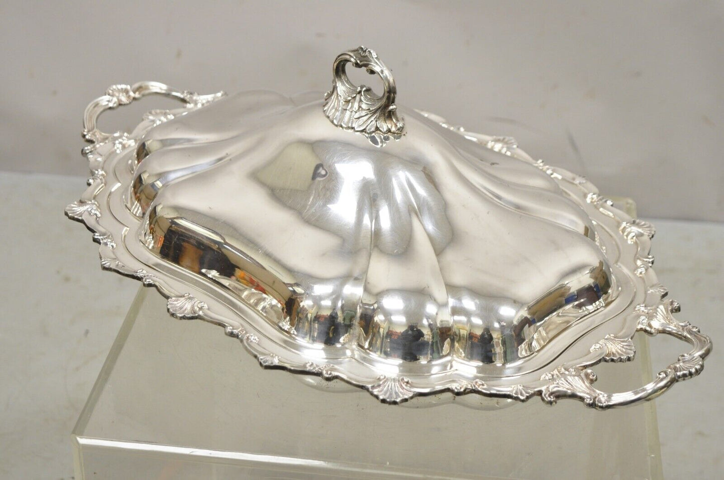 Antique English Victorian Silver Plate Lidded Serving Tureen Platter Dish