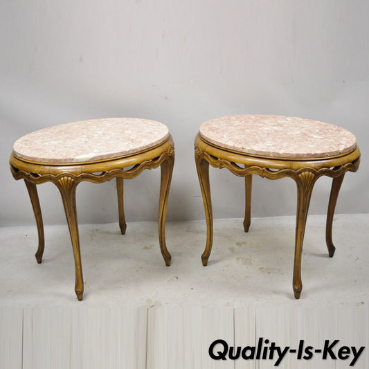 Italian Hollywood Regency Pink Oval Marble Pretzel Carved Side End Tables - Pair