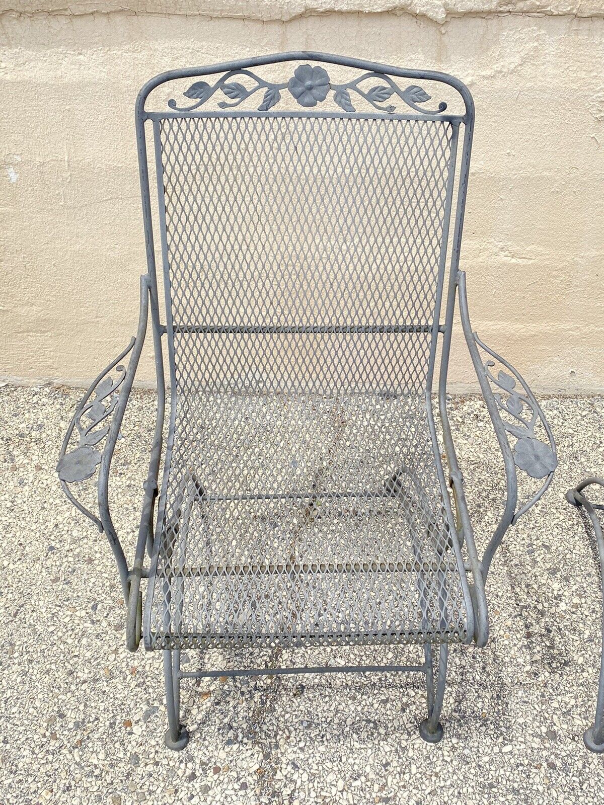 Vintage Meadowcraft Dogwood Coil Spring Wrought Iron Garden Patio Chair - a Pair