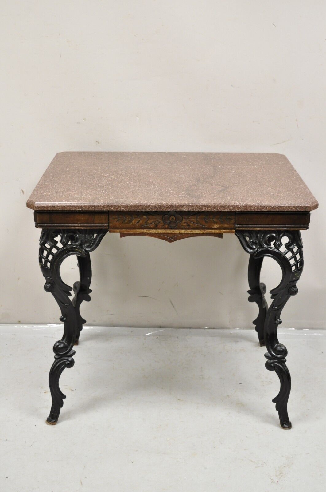 Antique Eastlake Victorian Marble Top Walnut Table with Cast Iron Legs