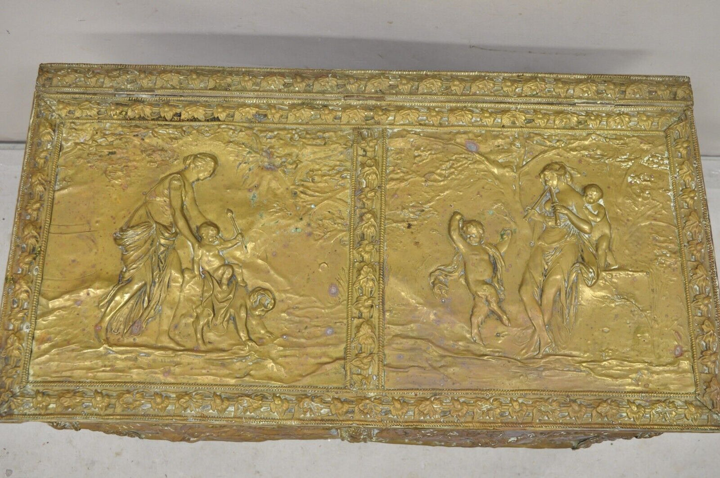 19th C. English Victorian Figural Repousse Brass Clad Coal Bin Storage Chest