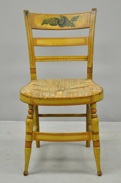 Early 19th C Bentwood Slat Back Rush Seat Yellow Paint Stenciled Dining Chair A