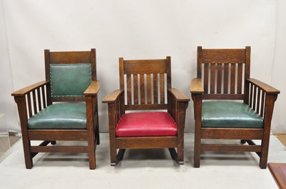 Mission Oak Arts & Crafts Stickley JM Young Style Lounge Arm Chairs Green - Pair