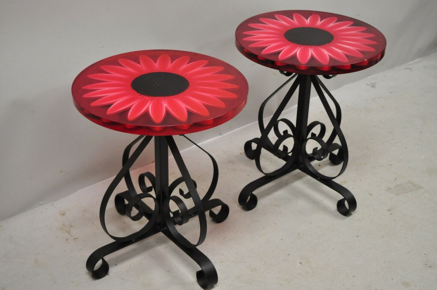 Vintage Wondermold Gamma Associates Red Resin Sun Flower Iron Side Tables - Pair