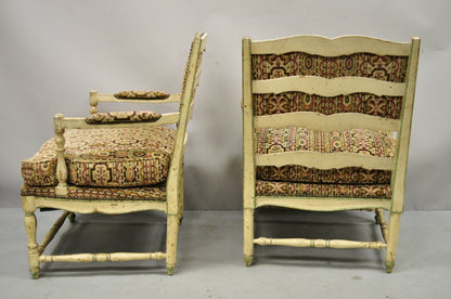 Vintage French Provincial Cream Distress Painted Lounge Arm Chairs and Ottoman