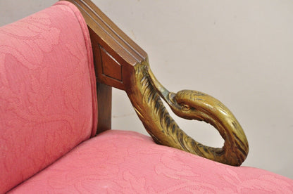 Vintage French Louis XVI Style Pink Vanity Chair Bench Seat w/ Swan Carved Arms
