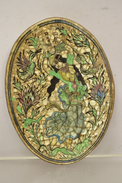 Antique Persian Iznik Qajar Style Ceramic Pottery Oval Tile Dancing Woman C3