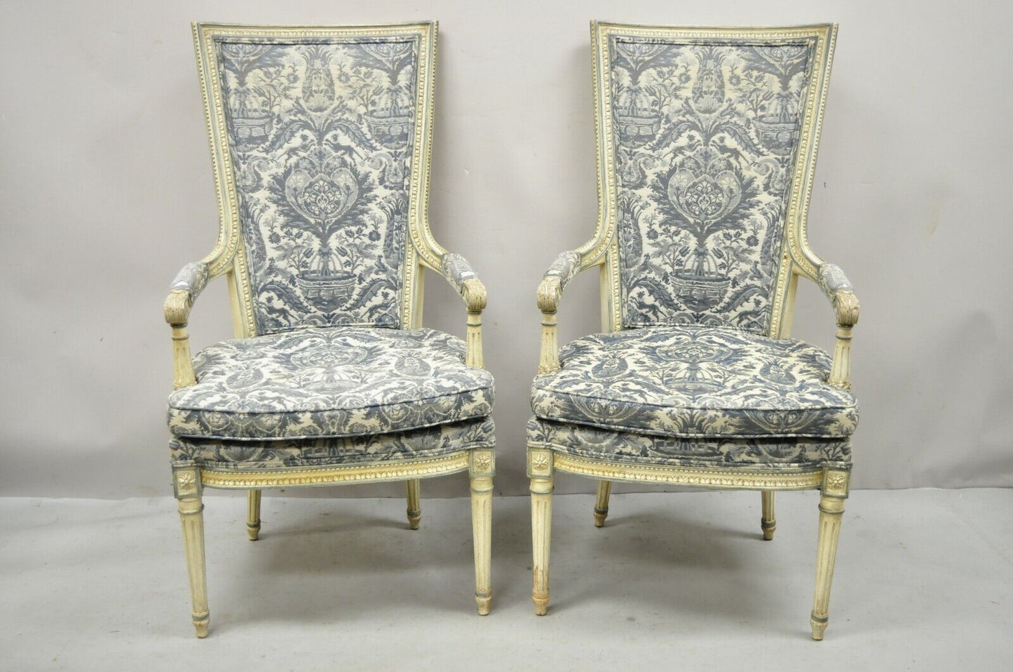 Vintage French Louis XVI Provincial Blue Cream High Back Lounge Chairs - a Pair