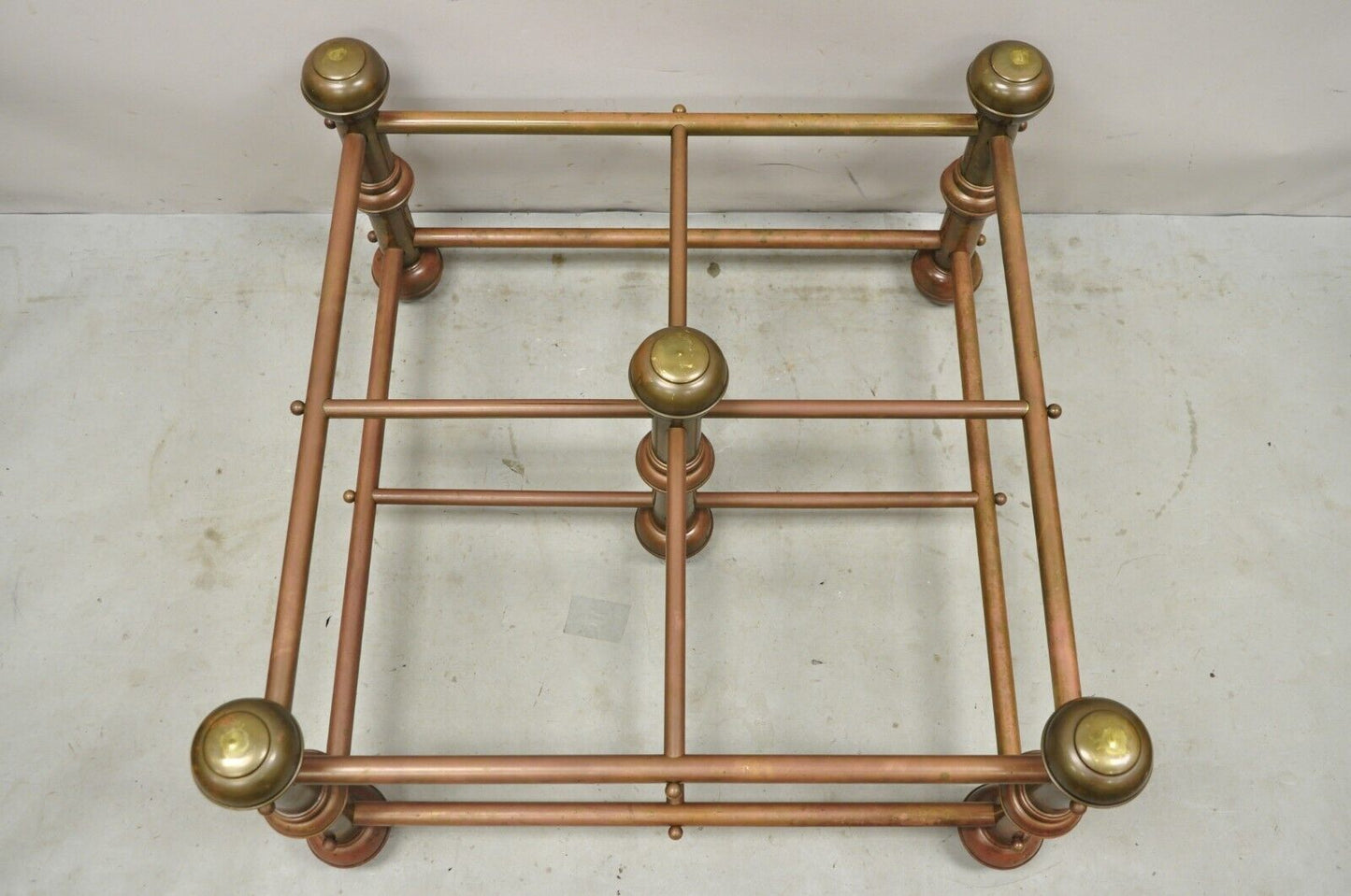 Antique Victorian Turned Brass Bed Style Pipe Post Square Coffee Table Base