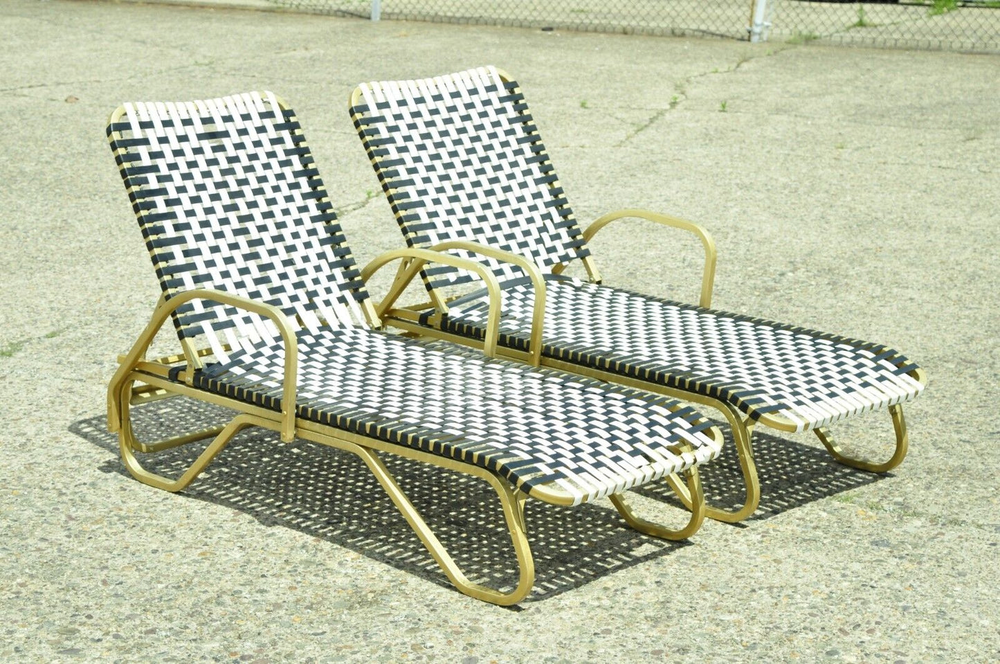 Hollywood Regency Vinyl Strap Aluminum Pool Patio Chaise Lounge Chairs - a Pair