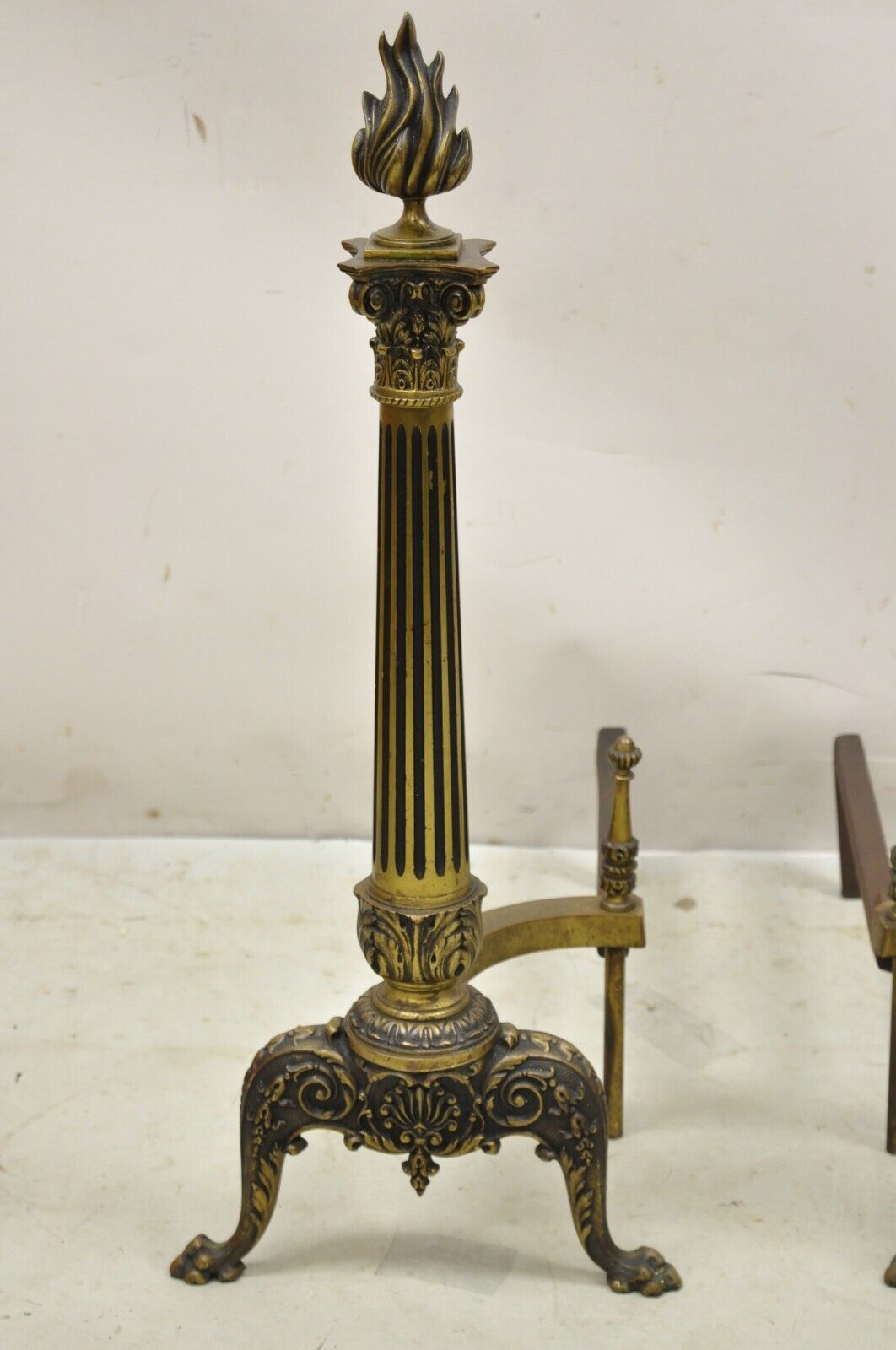 Antique French Empire Style Bronze Column Form Flame Finial Andirons - a Pair