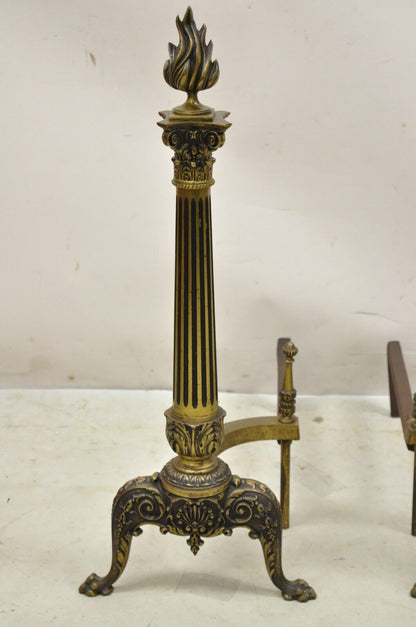 Antique French Empire Style Bronze Column Form Flame Finial Andirons - a Pair