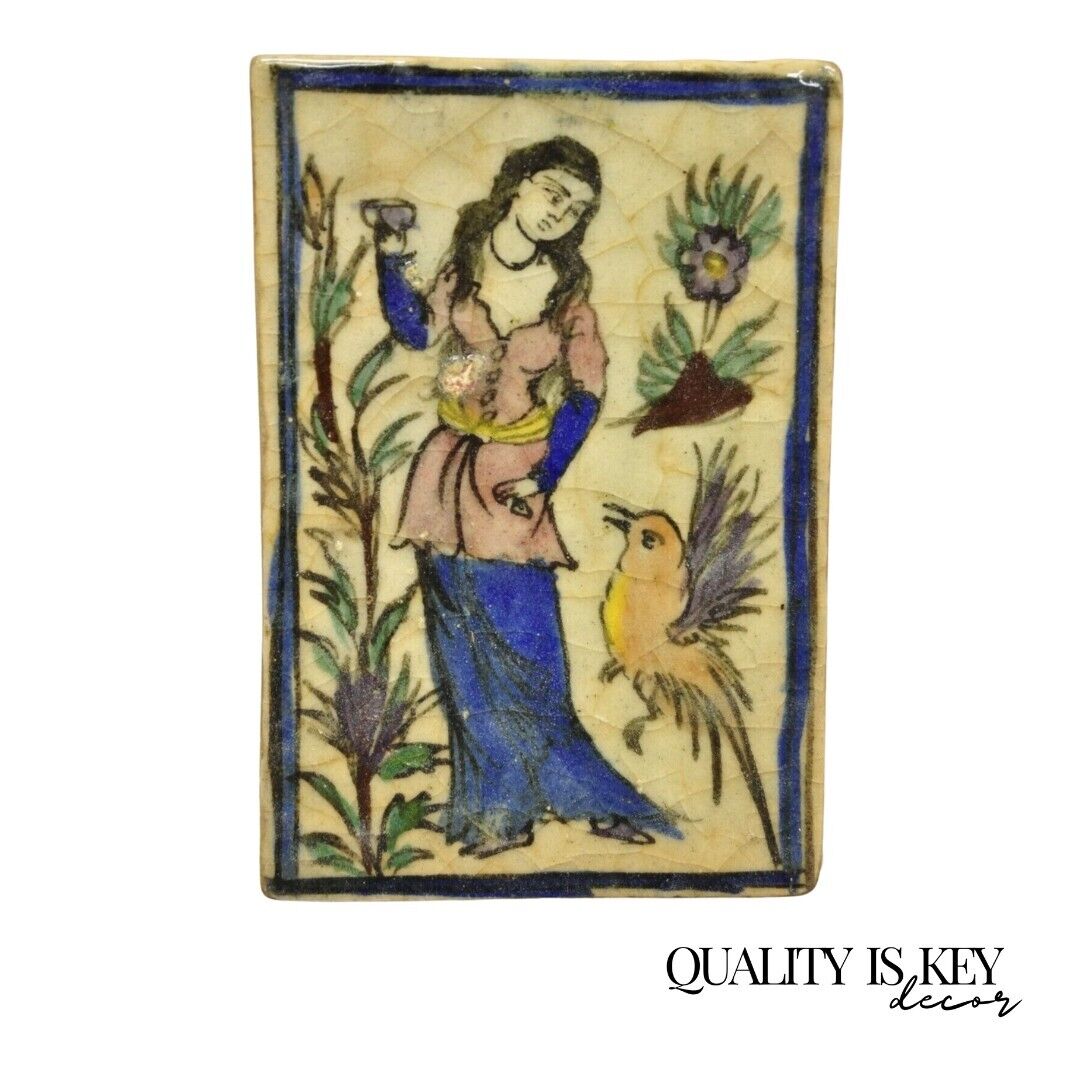 Antique Persian Iznik Qajar Style Ceramic Pottery Tile Woman and Bird C5