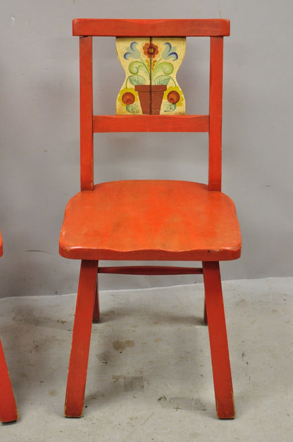 Vintage Gimble's Red Painted Colonial Hand Painted Flower Side Chairs - a Pair