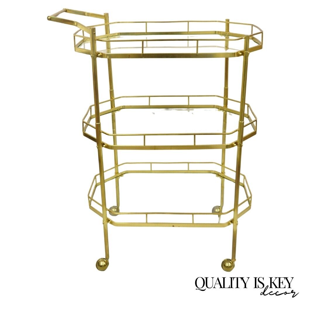 Mid Century Italian Modern Brass and Glass 3 Tier Rolling Bar Cart Serving Table