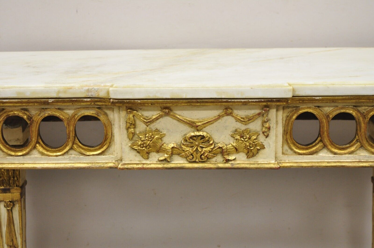 Vintage Italian Neoclassical Style Marble Top Cream and Gold Gilt Console Table