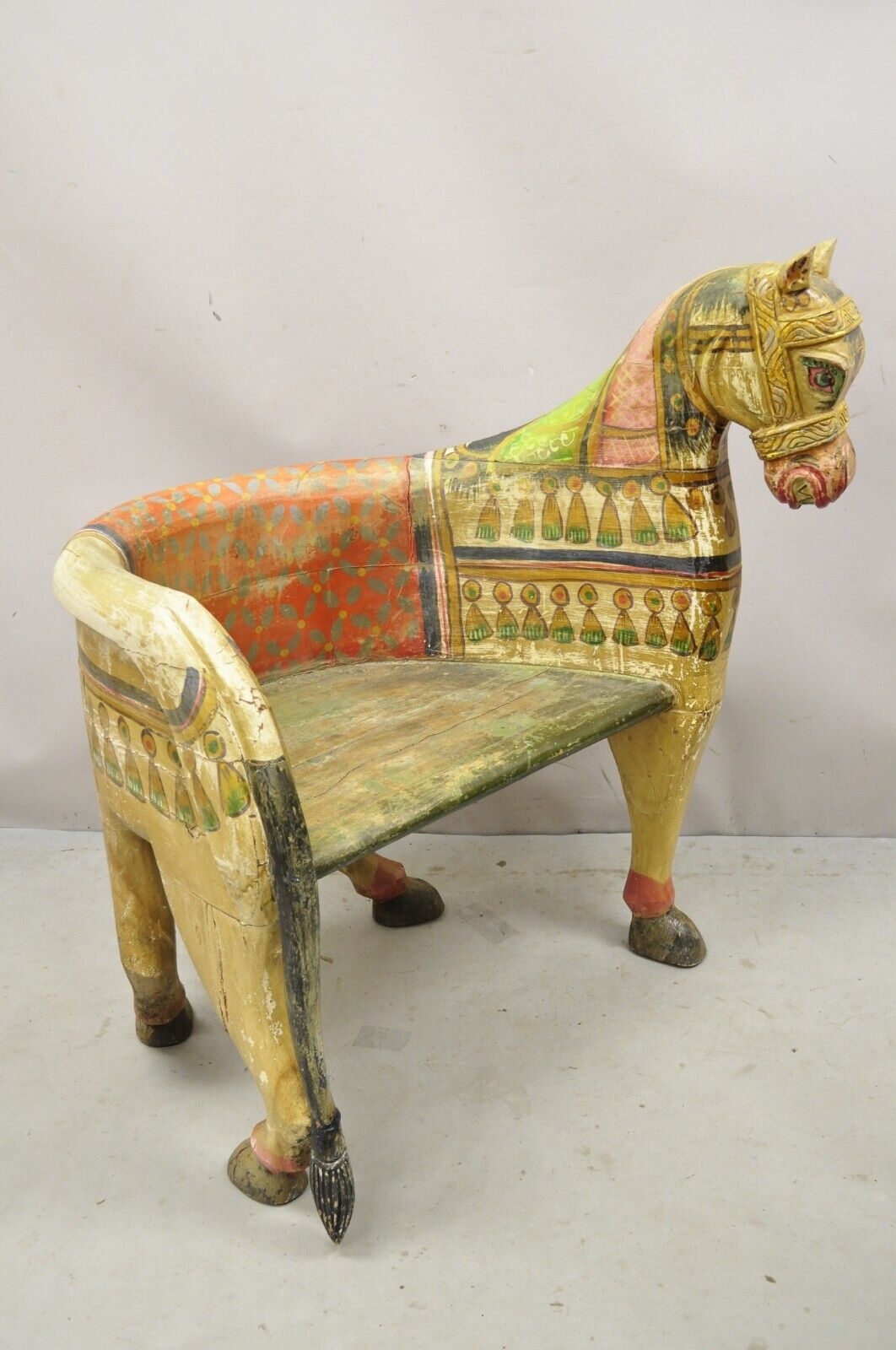 Vintage Solid Carved Wood Red & Green Figural Primitive Horse Bench Seat Chair