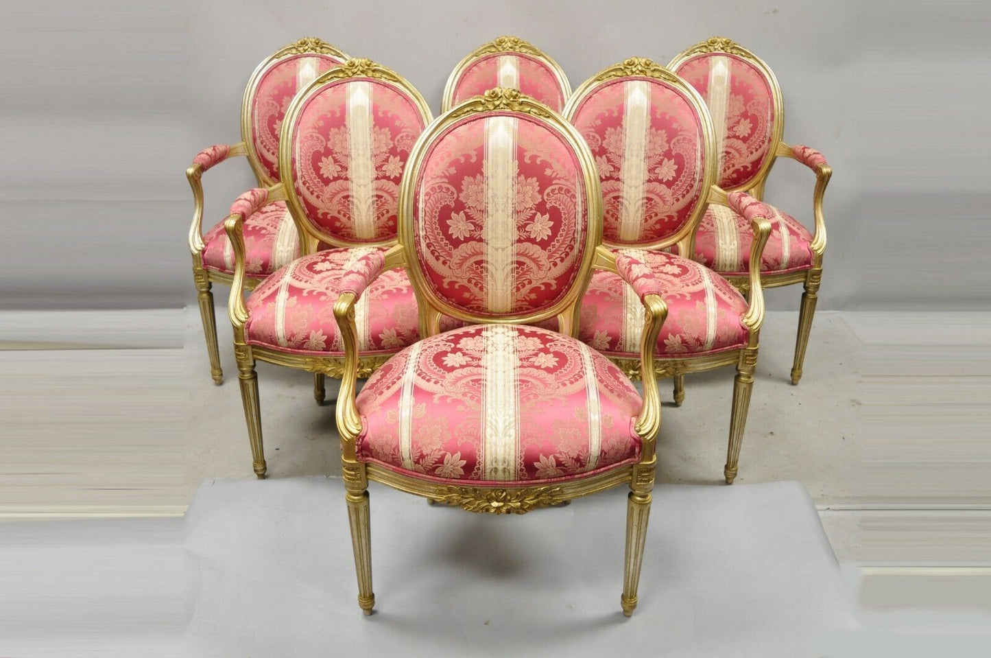 French Louis XVI Style Silver Gold Gilt Pink Damask Oval Back Arm Chairs - Pair