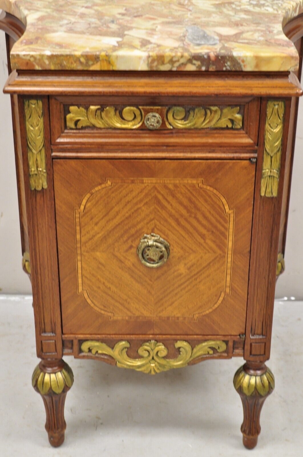 French Louis XVI Style Marble Top Satinwood Inlay Mahogany Nightstands - a Pair