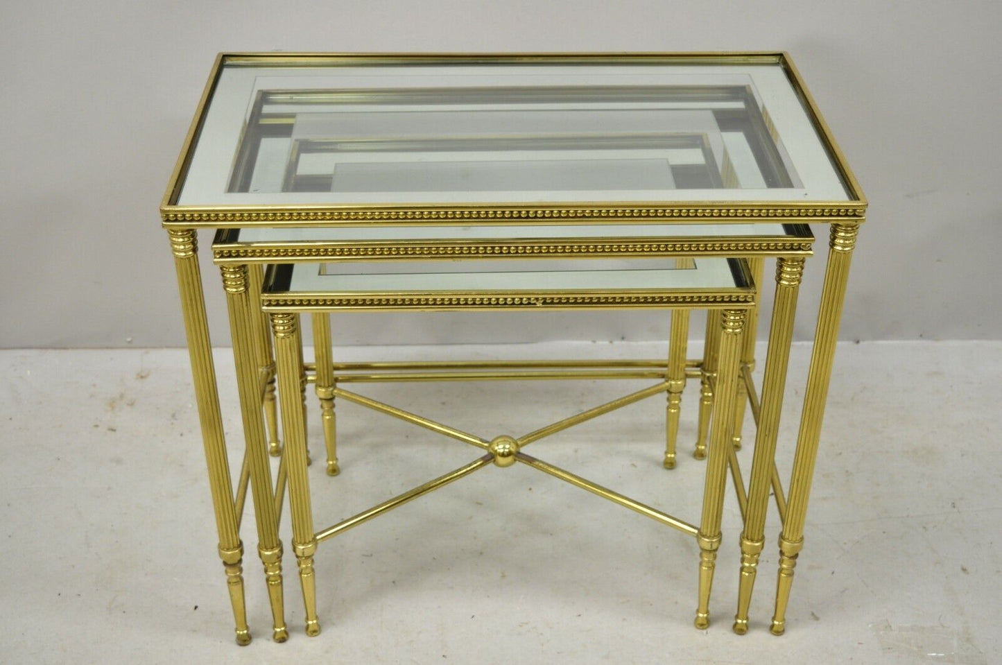 Brass Italian Hollywood Regency Side Nesting Tables Glass Top Tapered Legs Set 3