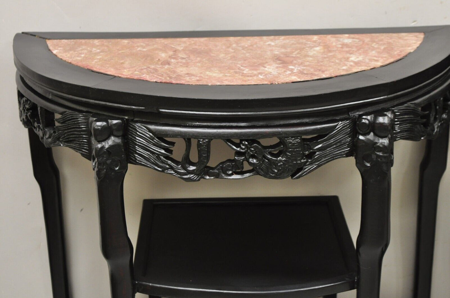 Vintage Chinese Chinoiserie Black Demilune Pink Marble Console Table - a Pair