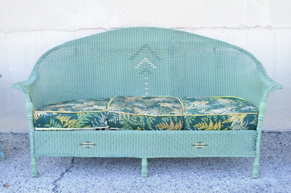 Victorian Blue Green Woven Wicker Sunroom Sofa Rocking Chair Lounge Chair 3 Pcs