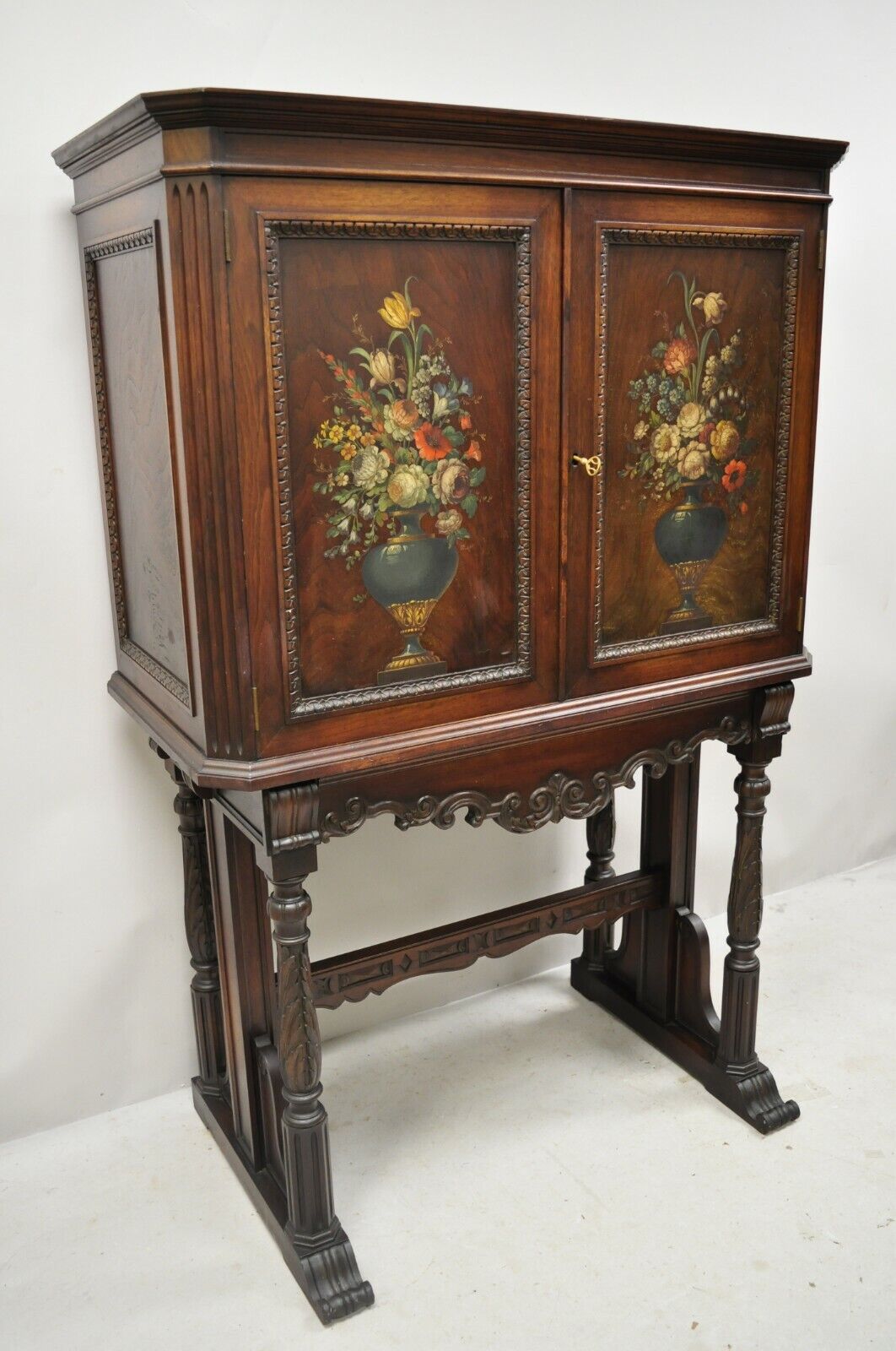 Antique Jacobean Floral Handpainted Carved Walnut Blind Door Cupboard Cabinet