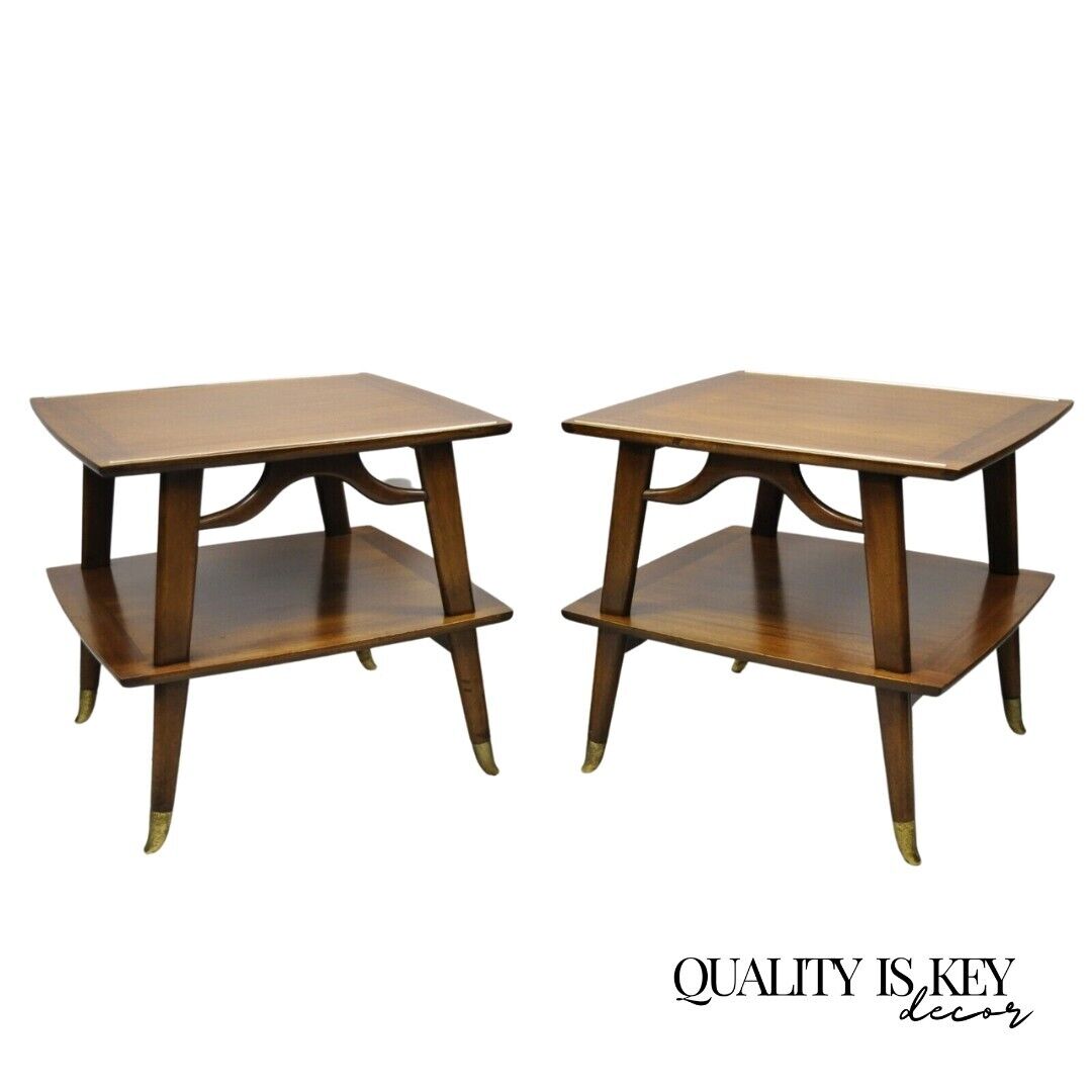 Mid Century Modern Brass Feet Sculpted Walnut 2 Tier Side End Tables - a Pair