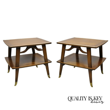 Mid Century Modern Brass Feet Sculpted Walnut 2 Tier Side End Tables - a Pair